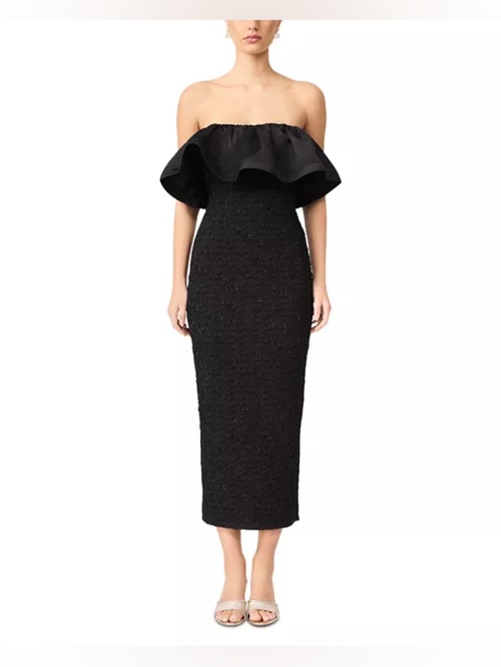 Elliatt Black Strapless Ruffle Midi Dress